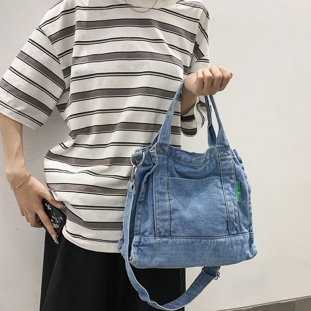 Denim cross body bag fashionable womens handbag casual large capacity adjustable shoulder strap multiple pockets 240919