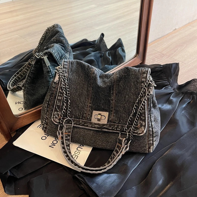 Casual large capacity retro denim womens chain shoulder bag cross body ner y handbag bolsos de mujer 240919
