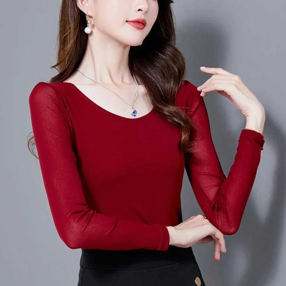 Women Sheer Mesh Full Sleeve O Neck T Shirt Red Blue Purple Female Blouses Lace T-shirt Clothes S-4XL Long Sleeve Sexy Y2K Top M240920