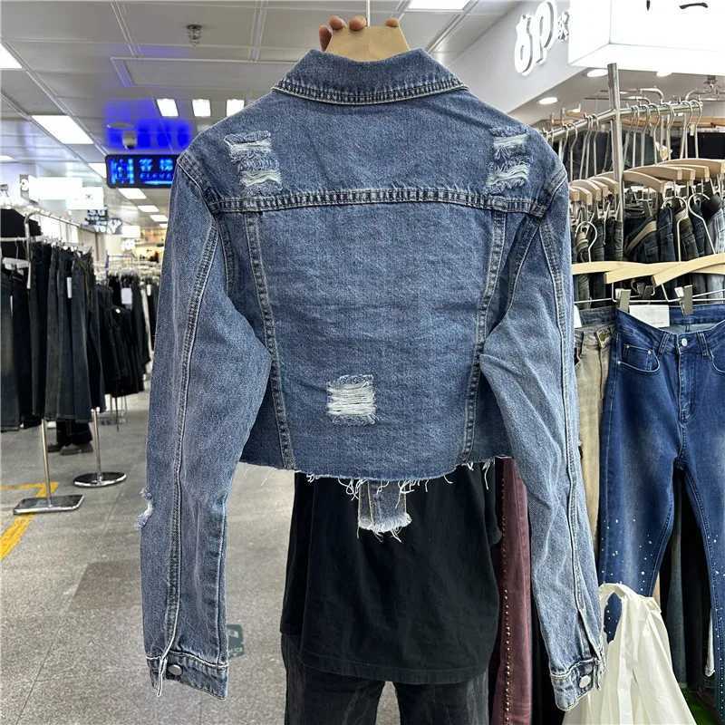 Harajuku Vintage Hole Denim Jacket Irregular Frayed Burrs Hem Purple Blue Spring Autumn New Women Short Jeans Jacket StreetwearX240920