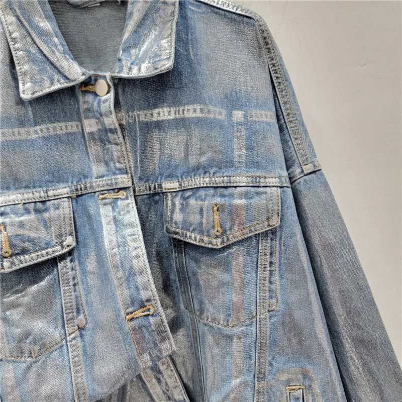Women Spring Hand-painted Silver Stamping Denim Jacket Handsome Silver Pressed Jeans Jacket Cowboy Bomber Cardigan StreetwearX240920