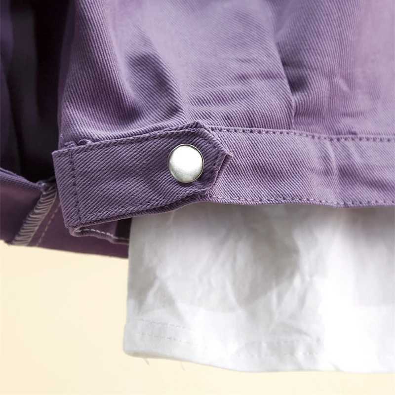 2024 Spring Autumn Purple Denim Jackets Short Womens Coat Pockets Single Breasted Long Sleeve Loose Solid Female Outwear TrendX240920
