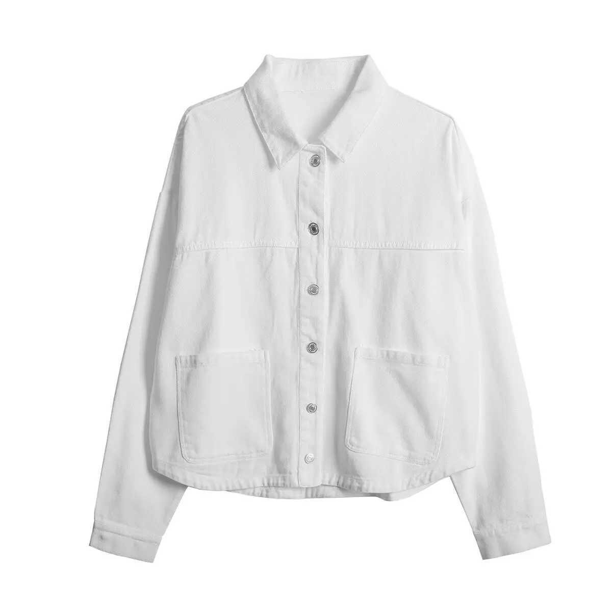 2024 ZAR4 Summer New Womens Loose Casual Lapel Long sleeved Patch Bag Decoration denim jacketX240920