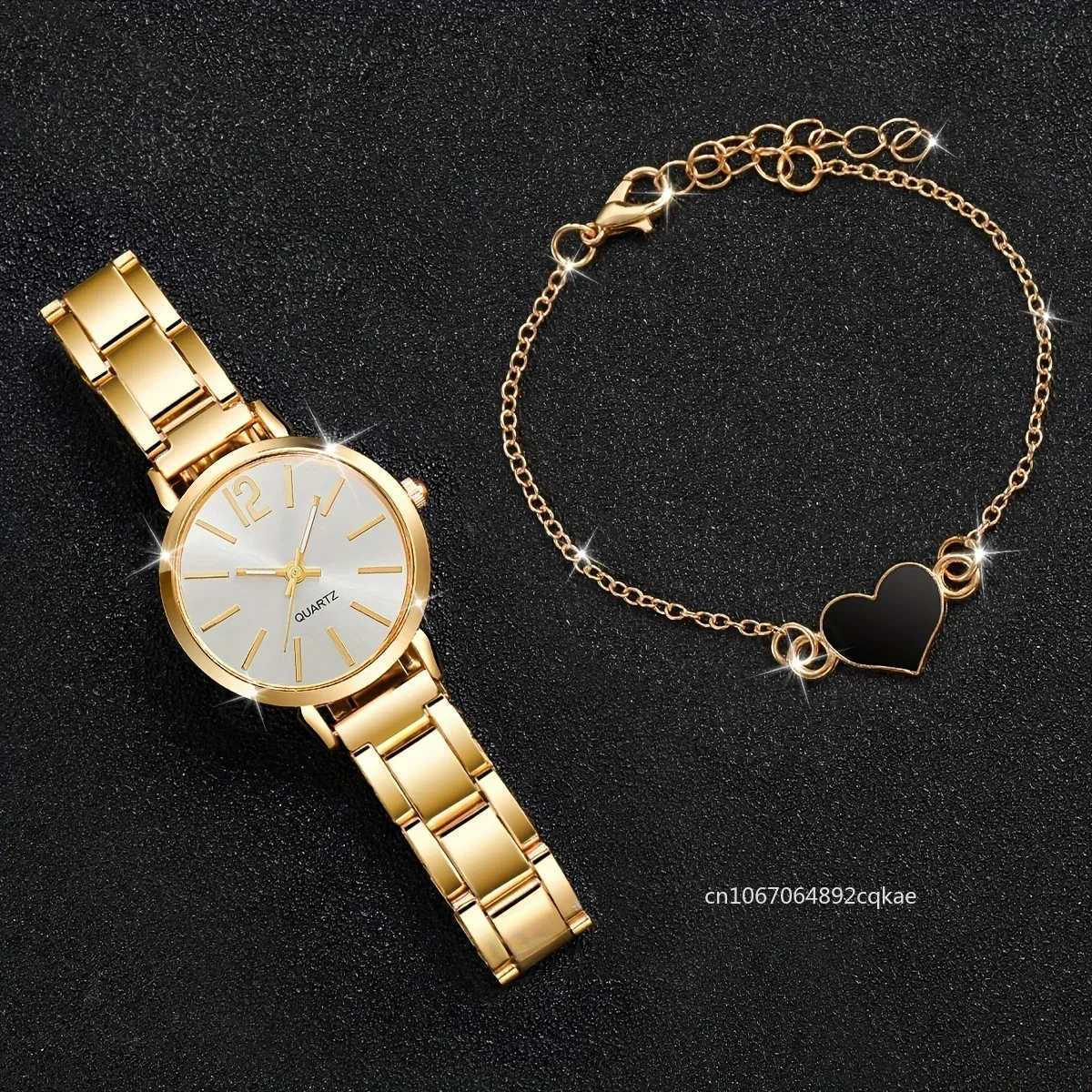 2pcs Business Fashion Quartz Watch Elegant Golden Wrist Watch Heart Charm Bracelet Set Simple Ladies Watches Relojes Para MujerX240920