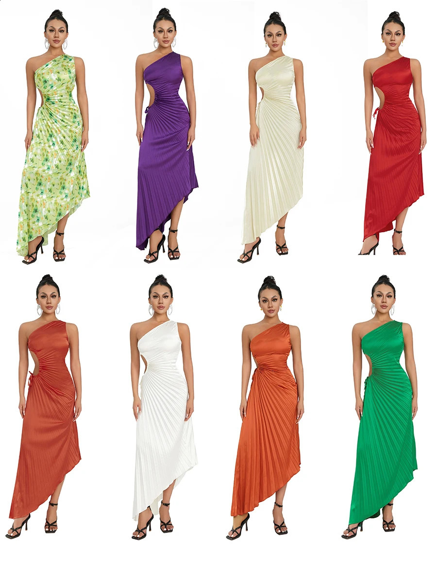 Women Elegant Long Dress Summer Sleeveless One-shoulder Pleated Hollowed Irregular Dress for Cocktail Party Beach Sundress Y2K 240920