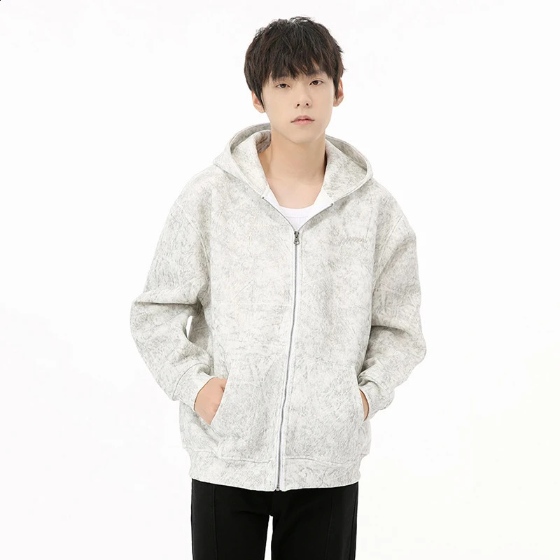 IEFB Korean Mens Hoodie Pattern Zipper Solid Color Loose Top Pulling Casual Clothing Trend Autumn 9C6861 240911