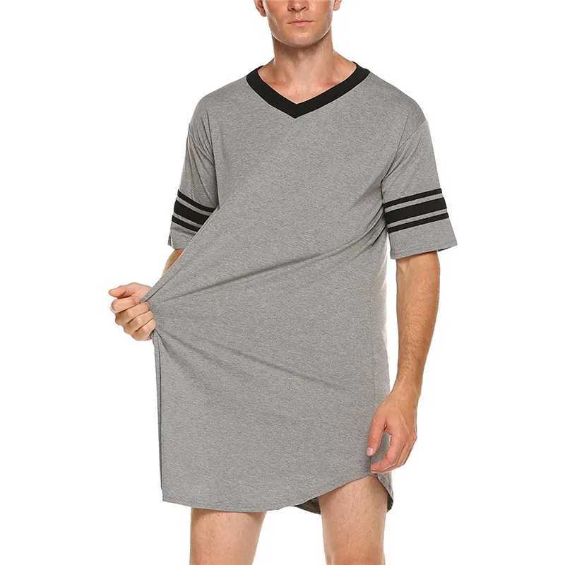 Men Cotton Nightshirt Robes Short Sleeve Soft V-neck Loose Nightwear Summer Casual Male Sleepwear Long Tops Loungewear Dailywear Y240919