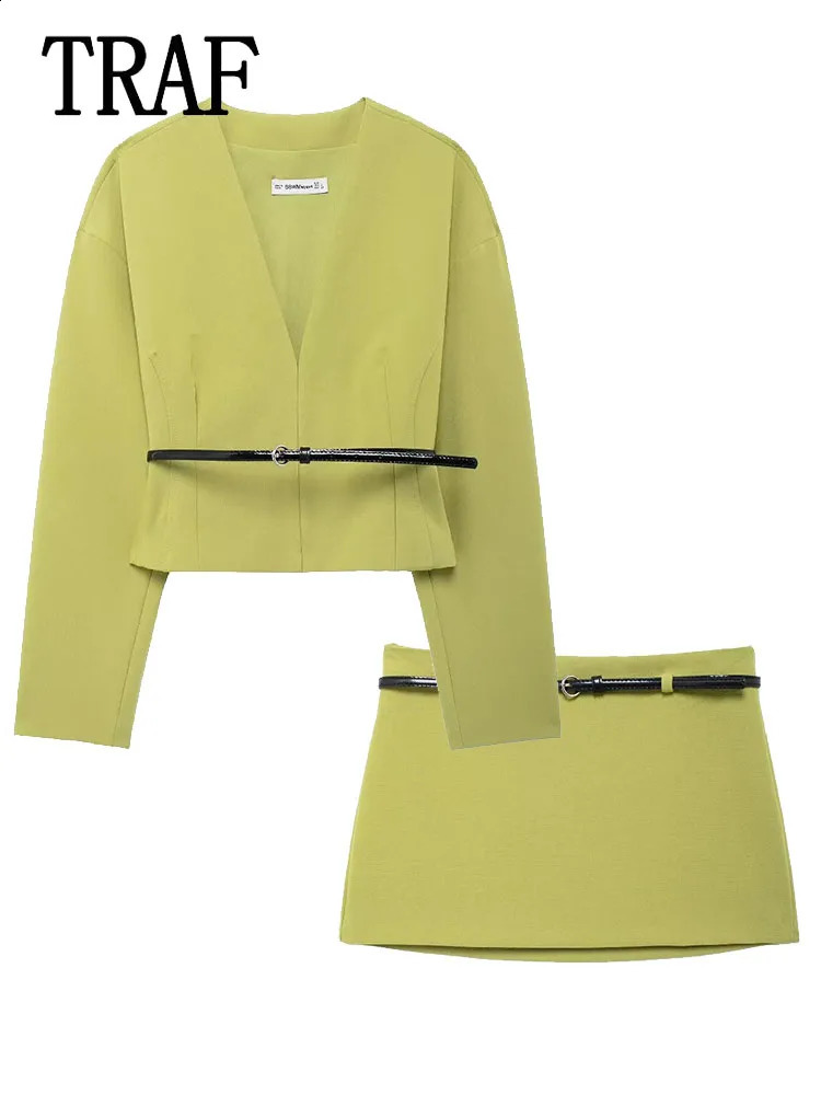 TRAF Women 2 Pieces Belt Bermuda Skirt Sets Fashion Belt Long Sleeves Shirt Womens Suit 2 Piece Set Women Outfit 240919