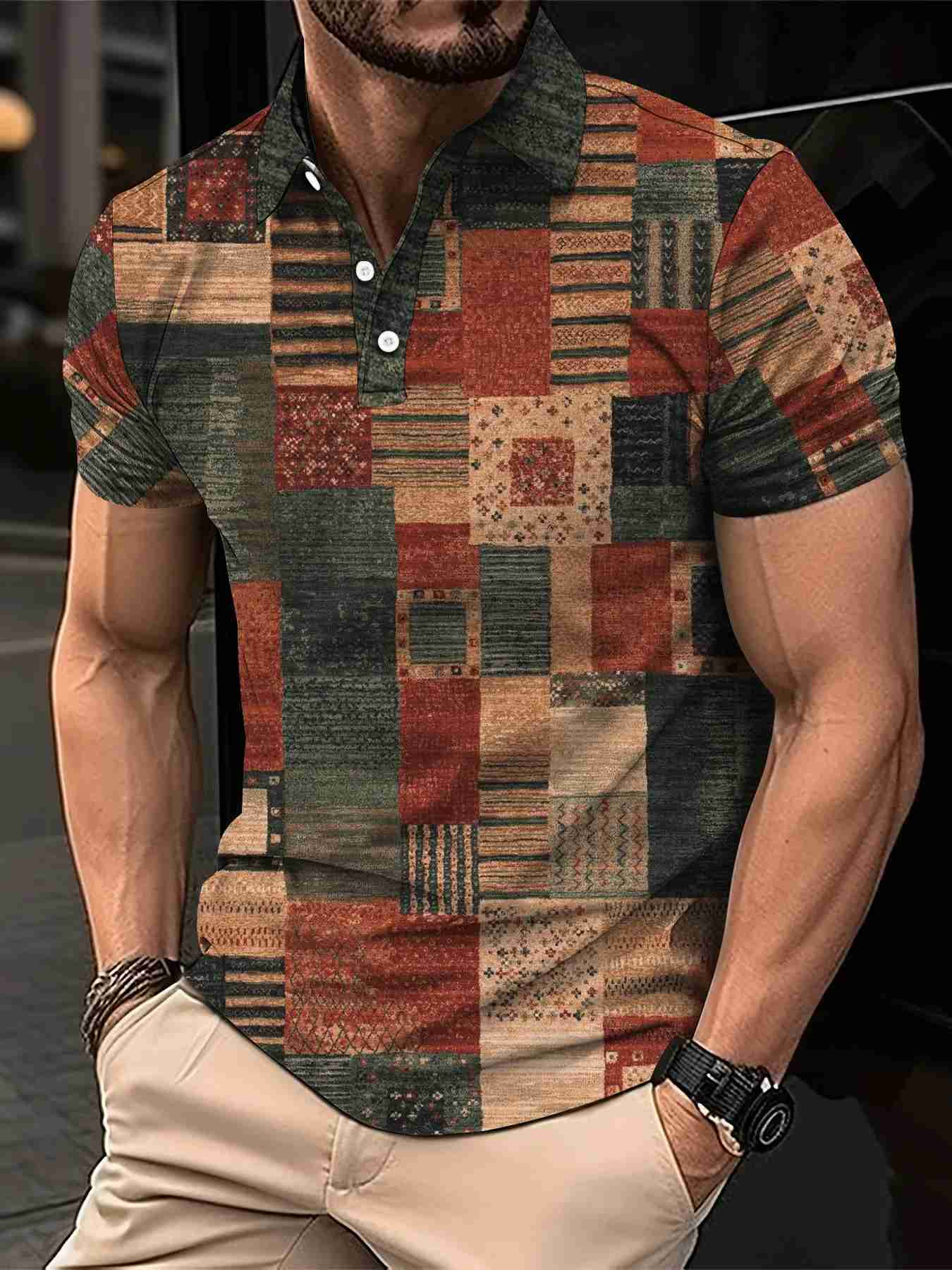 New Vintage Mens Polo Shirt 3D Fashion Patchwork Printing Shirts Casual Short-Sleeved Summer Streetwear Men Clothing Tees TopsXJ240920