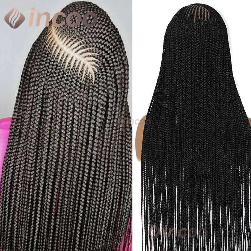 Incoo 360 Full Lace Frontal Synthetic Braided 36 Inch Preplucked Baby Hair New Arrival Afro Knotless Braid Wigs Black Women