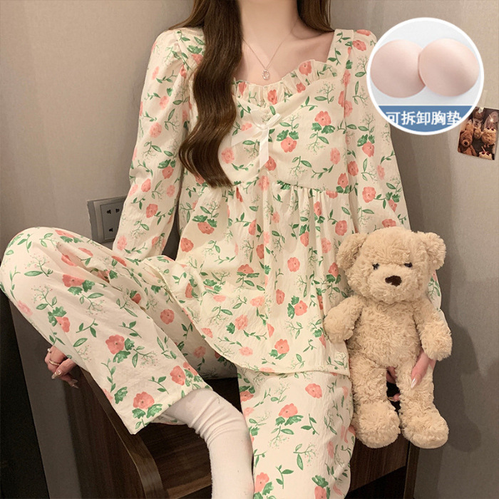 Women's with chest cushion autumn and winter new home clothes cloud cotton outer wear simple casual women's sleepwear