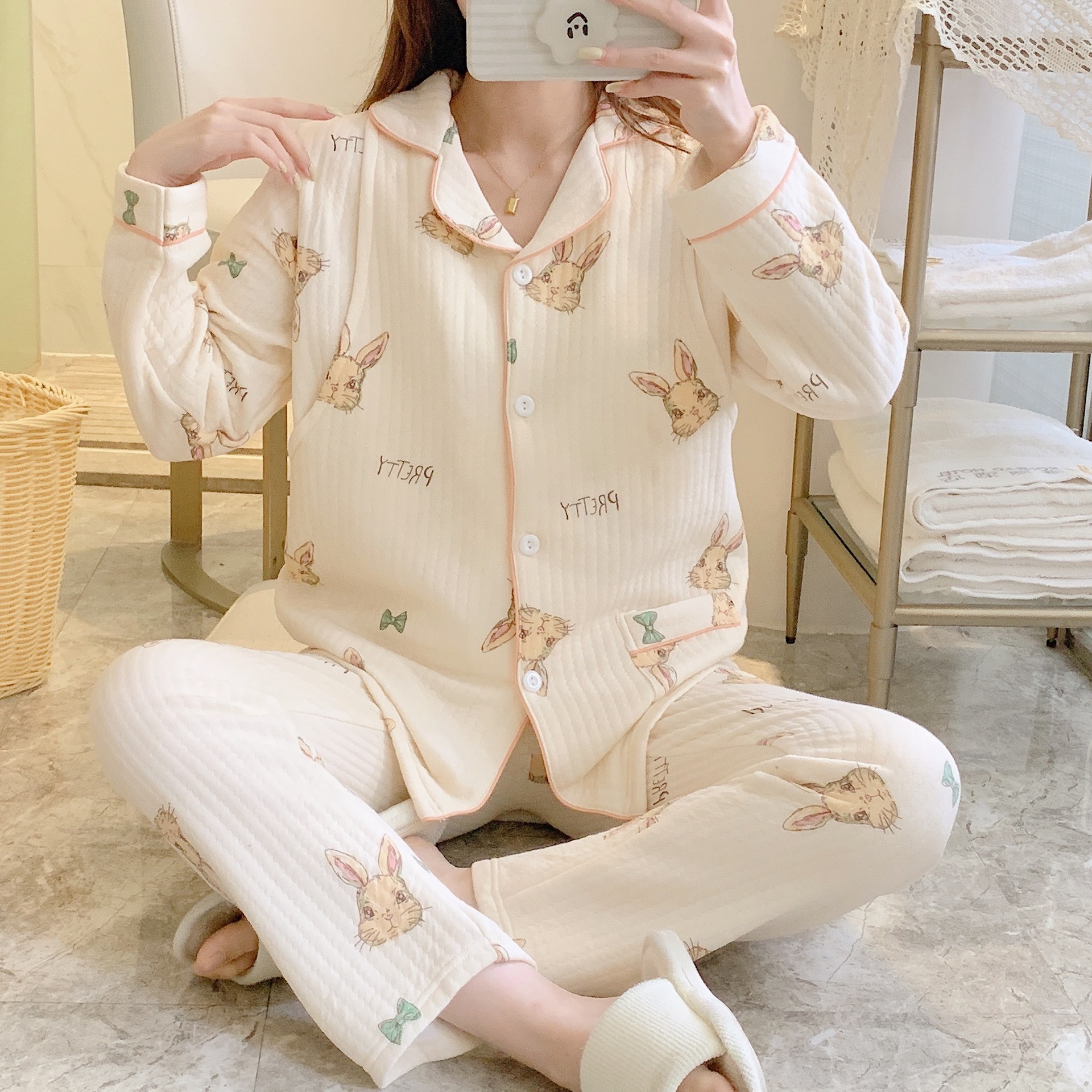 2024 Multiple Autumn/Winter Air Layer Postpartum Clothes with Three Layers of Cotton and October Set for Pregnant Women, Breastfeeding Sleepwear