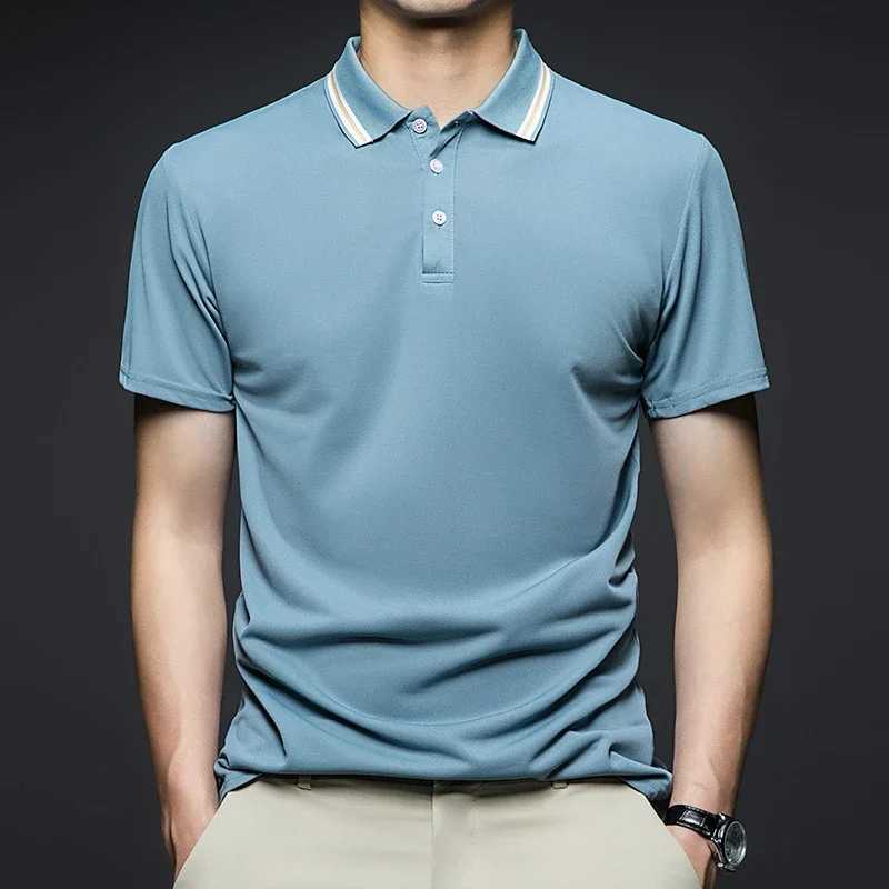 Mens Fashion Solid Short Sleeved Striped Lapel Polo Shirt Summer Breathable Comfortable TopX240920