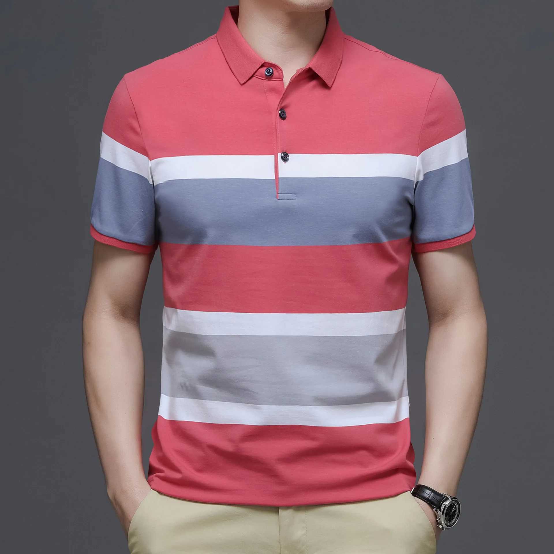 Mens Polo T Shirt Business Casual Simple Stripes Print Summer Short-Sleeve Polo Shirt Fashion Street Wear Oversized ClothesX240920