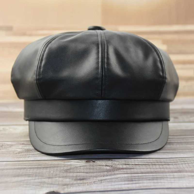 Women Fashion Leather Newsboy Caps Black PU Octagon Hat Man Big Size Beret 54cm 56cm 57.5cm 59cm 61-62cmX240919
