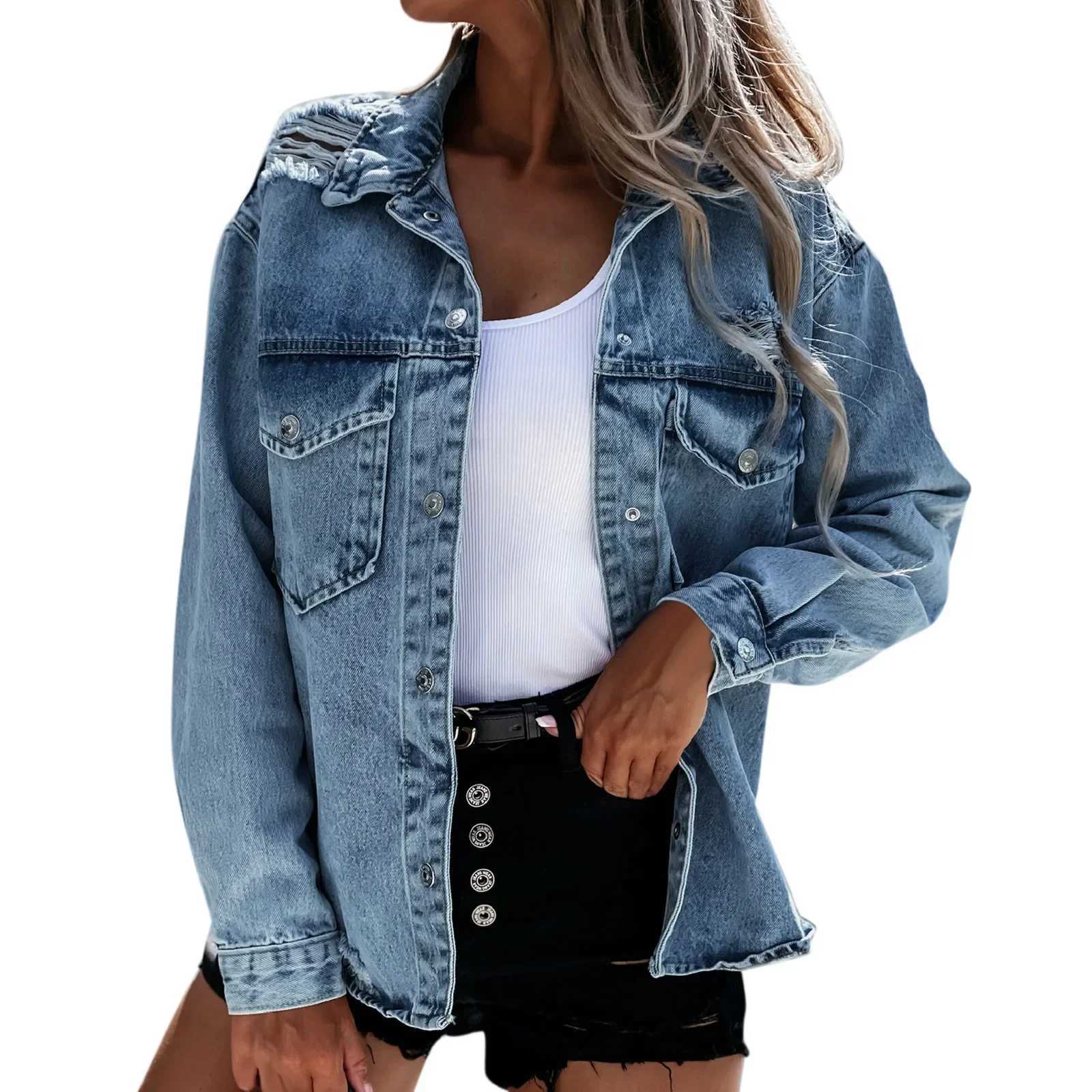 Vintage Womens Denim Jacket 2024 Autumn Washed Holes Ripped Jackets Loose Pocket Jeans Coat Turn-down Collar Outwear ChaquetasX240920