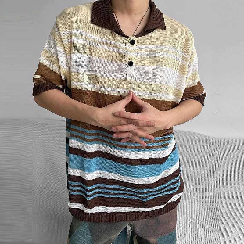Summer Mens Clothing Light Luxury Mesh Striped Polo Shirt Korean Short Sleeve Button-down Retro Fashion Leisure Loose KnitwearXJ240920