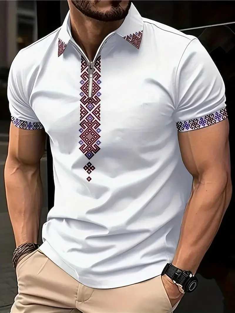 2024 Summer Fashion Mens Polo Shirt Lapel Zip Stripe Tie Print Mens Sports And Leisure Breathable Polo Shirt Mens ShirtX240920