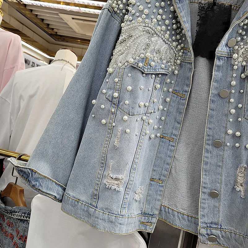 Heavy Work Pearl Diamonds Denim Jacket Women Loose Short Cowboy Outerwear Vintage Blue Holes Big Pocket Jeans Jacket Coat FemaleX240920