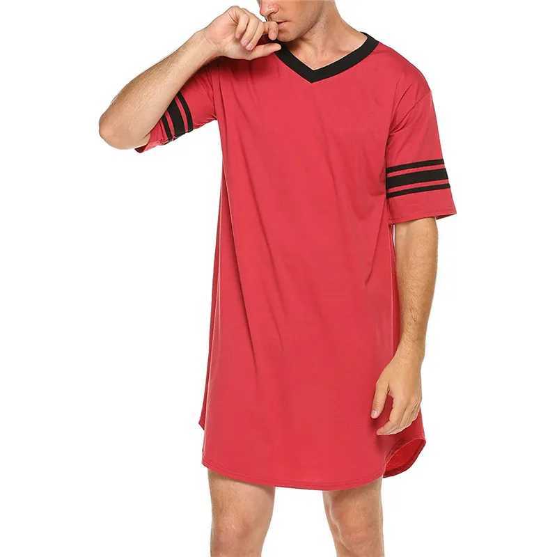 Men Cotton Nightshirt Robes Short Sleeve Soft V-neck Loose Nightwear Summer Casual Male Sleepwear Long Tops Loungewear Dailywear Y240919