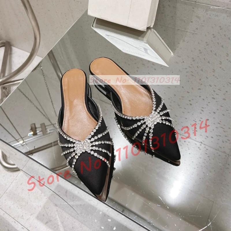 Slippers Crystal Wrap Pointy Toe Satin Women Luxury Sparkly Block Low Heel Shoes Ladies Trending Glittery Dress Flat Slides