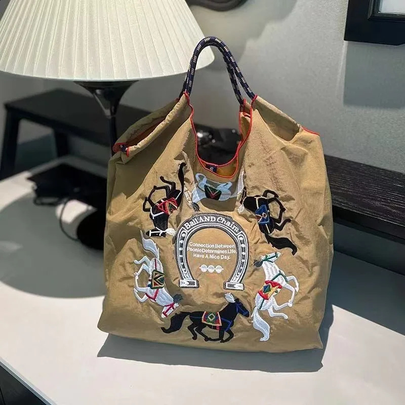 Embroidered niche ball chain environmentally friendly shopping bag large capacity shoulder womens lightweight horizontal 240919