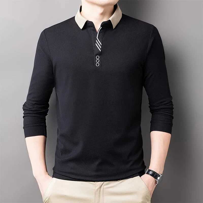 New Mens Casual Stripe Plaid Long Sleeve Polo Shirt Fashion Solid Polo TopXJ240920
