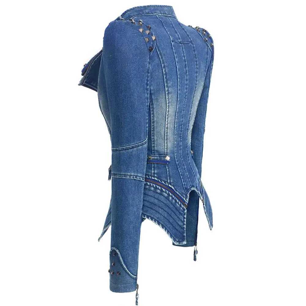 Plus Size Punk Rivet Short Denim slim Jackets Women Wash Long Sleeve Vintage Casual Studs Jean Outerwear Lapel Bomber Slim CoatX240920