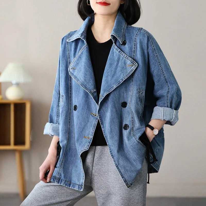 2022 Loose Double-breasted Denim Jacket Women Spring Autumn Drawstring Coat Lady Casual Tops Fashion Jean Outerwear WindbreakerX240920
