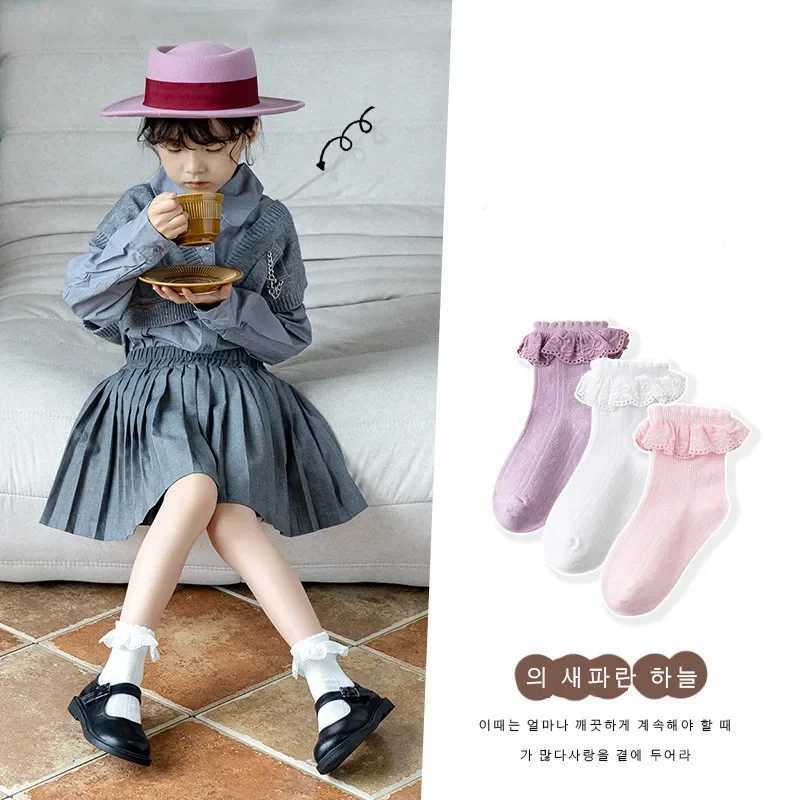Kids Socks 3 Pair Kids Girl Sock Princess Ruffle Solid Color Calf Sock for Baby Girl Spring Autumn Cotton Soft Frilly Children Girl Sock Q240920