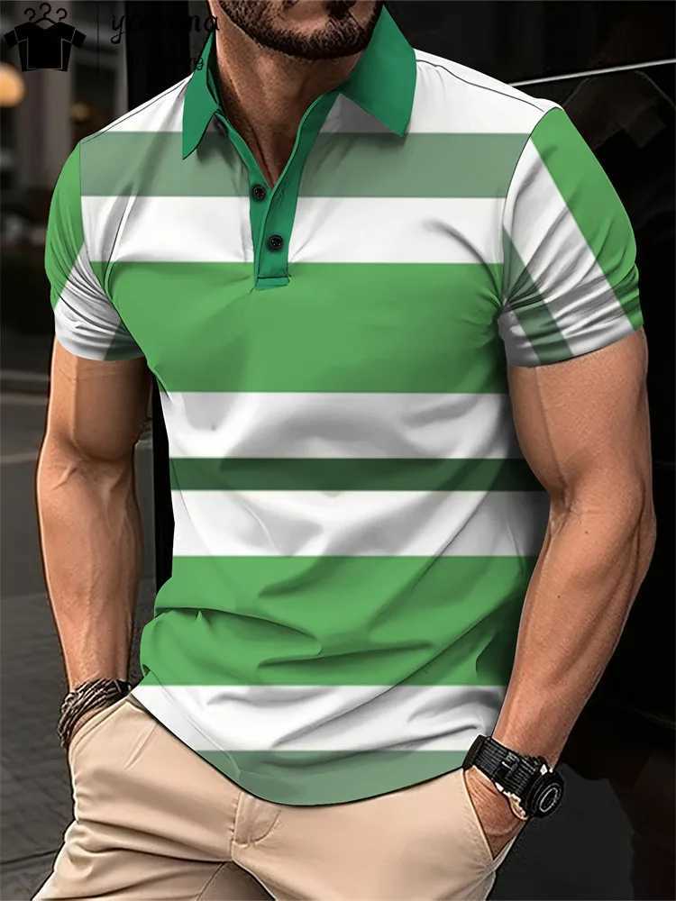 Mens Summer Short Clothes Sleeved Lapel 3d Printed T-Shirt Digital Striped Polo Shirt Mens Business Casual Fashion Top ClothesX240920