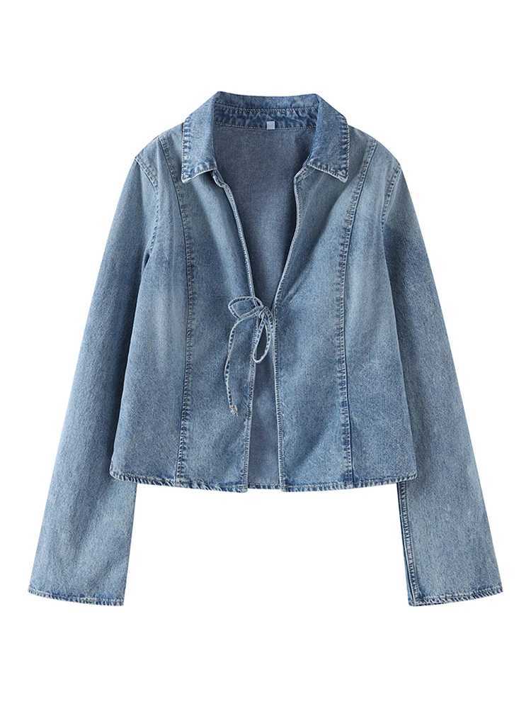 V-Neck Denim Cardigan Jacket Lace Up Slim Fit Women Basic Denim Top Fashion Casual Female Shirt Coat Spring Autumn OuterwearsX240920