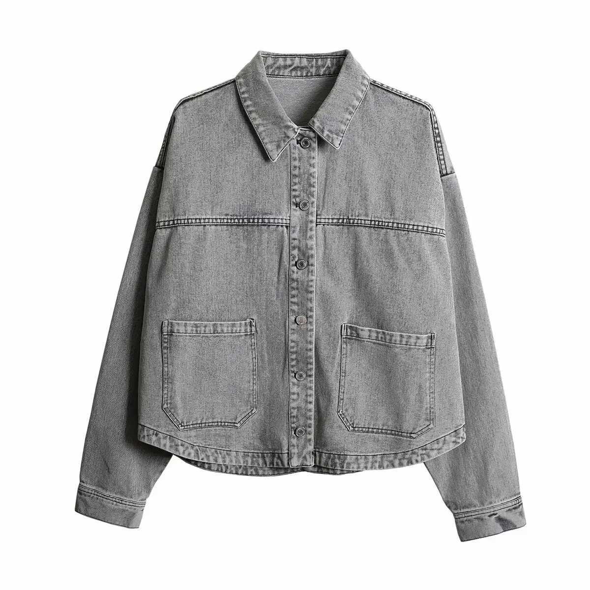 2024 ZAR4 Summer New Womens Loose Casual Lapel Long sleeved Patch Bag Decoration denim jacketX240920