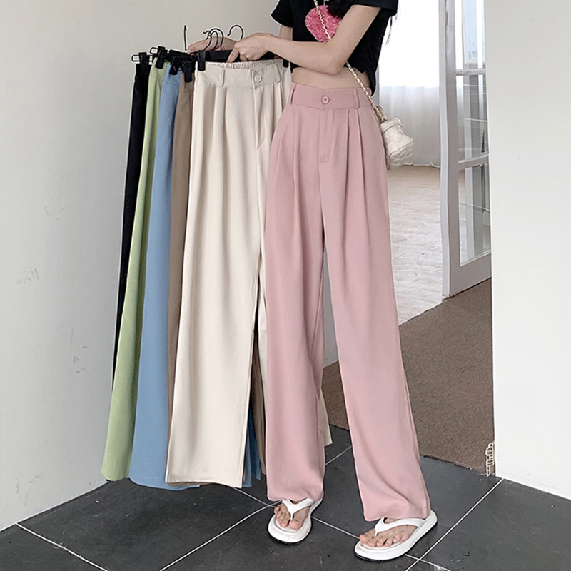 2026 Women Straight Silk Satin Suit Pants Lady Baggy Office High Waisted Trousers Female Elastic Wide Leg Blue Pink Green Slac