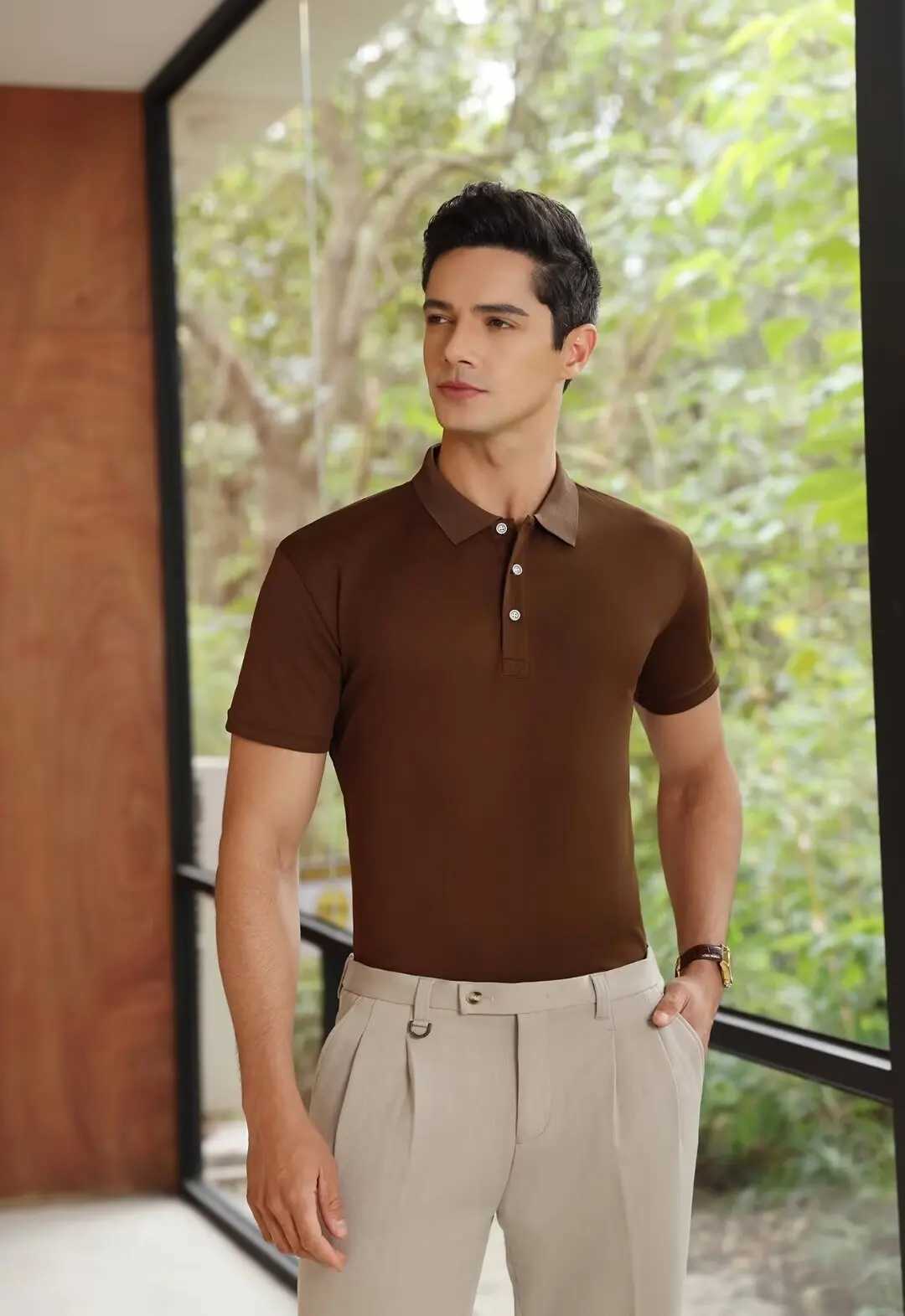 Elegant Brown Polo Shirt for Men - Premium Cotton for Office and Casual Wear - Comfortable Breathable and DurableX240920