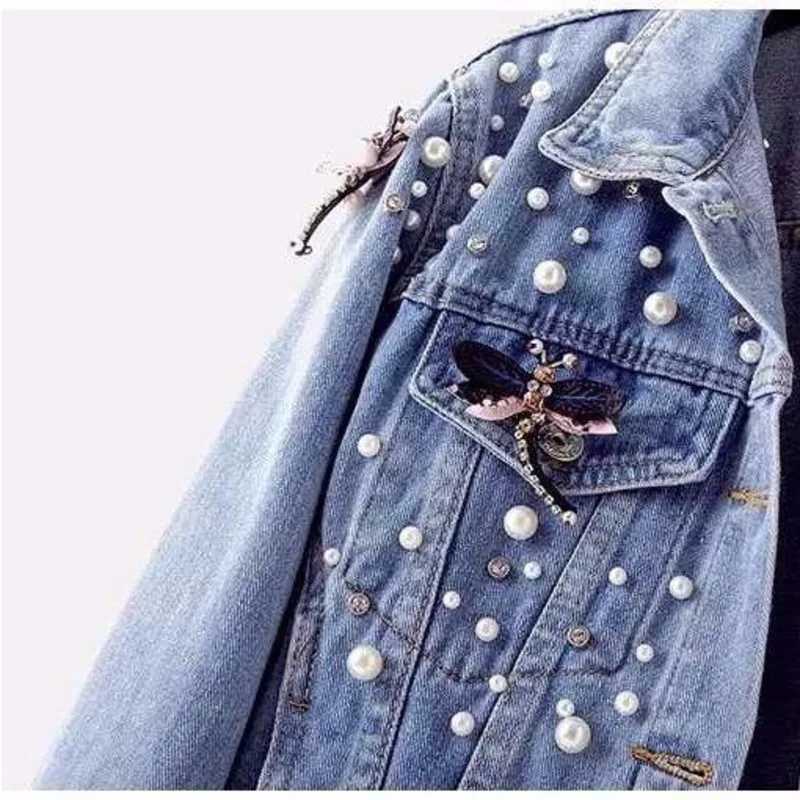 2023 Autumn Denim Jacket Coat Women Beading Loose Overcoat Jeans Jacket Basic Coats Streetwear Long Sleeve Tops Casual OuterwearX240920
