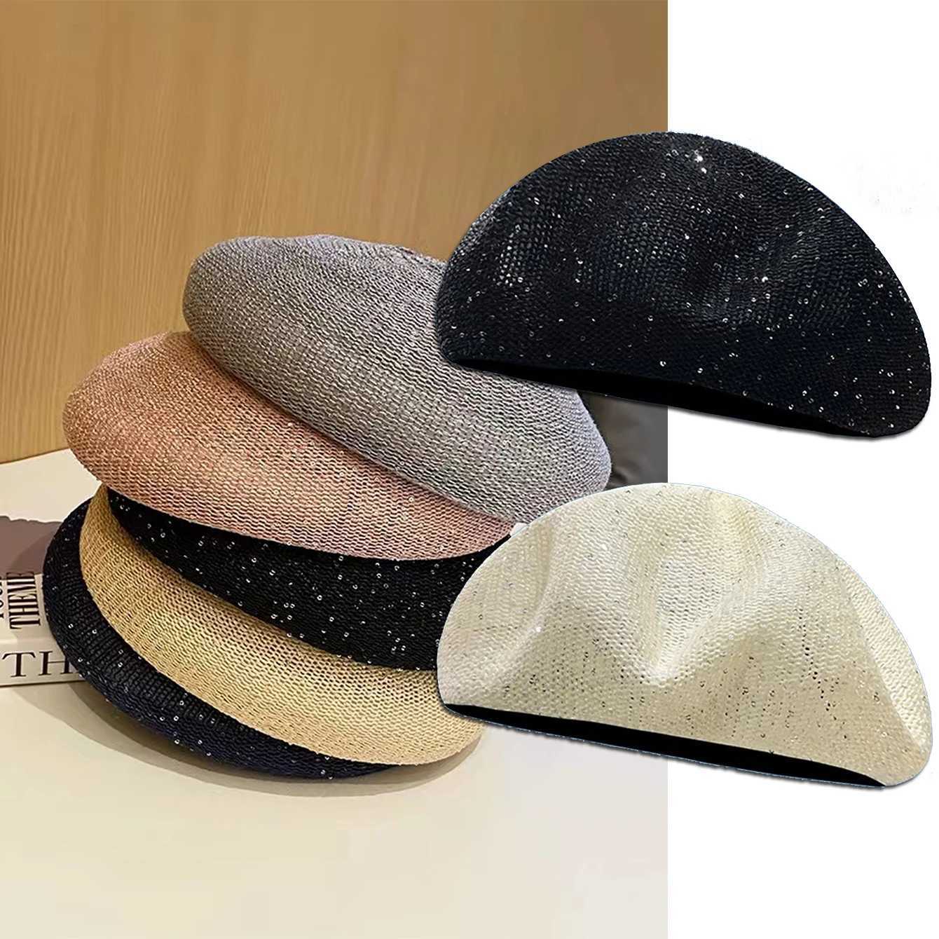Spring and summer new cut-out sequin berets thin cloud hats adjustable size knitted breathable hundred painter hats womenX240919