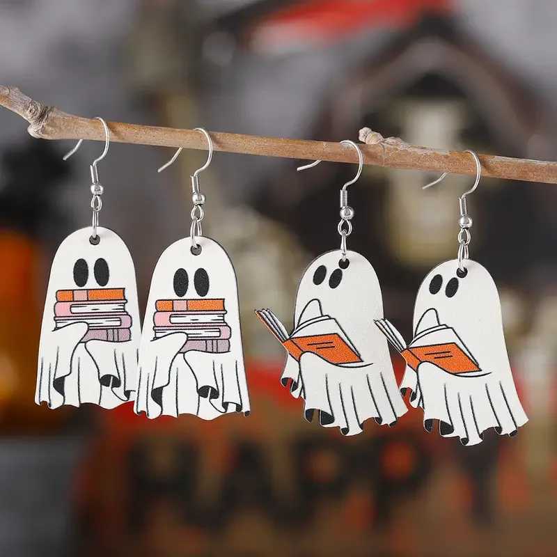 Charming Halloween Ghost Book Dangle Earrings - Vintage Wooden Gothic Style Stainless Steel Hooks Perfect For Parties Ever Y240919