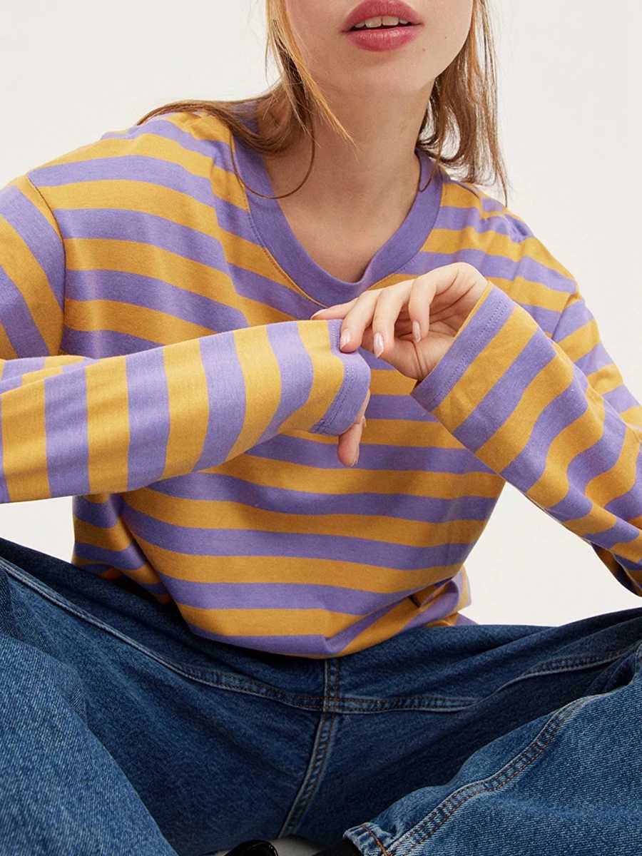 Women s Spring Autumn Casual Tops Long Sleeve Round Neck Loose Fit Striped T-shirts M240920