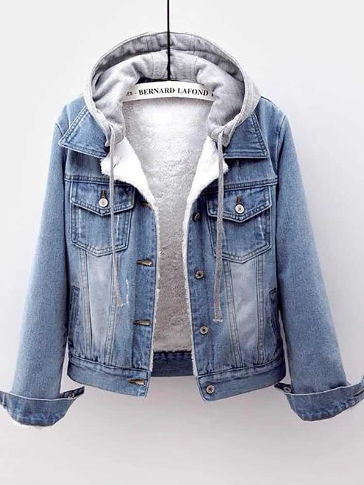 Clothing wool warm winter jeans jacket womens pocket button soft hooded warm jacket fashionable ultra-thin denim jacket W240920