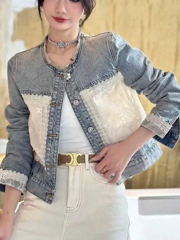 Lace Patchwork Denim Jacket New Small And Short Top For Womens 2024 Spring Autumn Jackets Woman 2024 Womens Denim JacketX240920