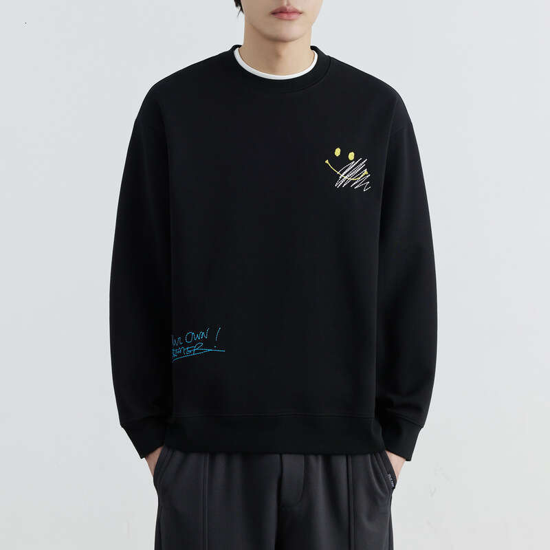 Men's Smiling Embroidered Round Neck Hoodie For Men 2024 Spring And Autumn New Trendy Versatile Hoodie