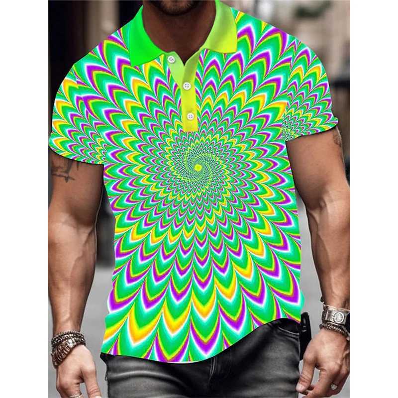 Mens Lapel Polo Shirt Full Print Optical Illusion Graphic Button Up Golf Shirt For Men Short Sleeves Plus Size Turndown TshirtXJ240920