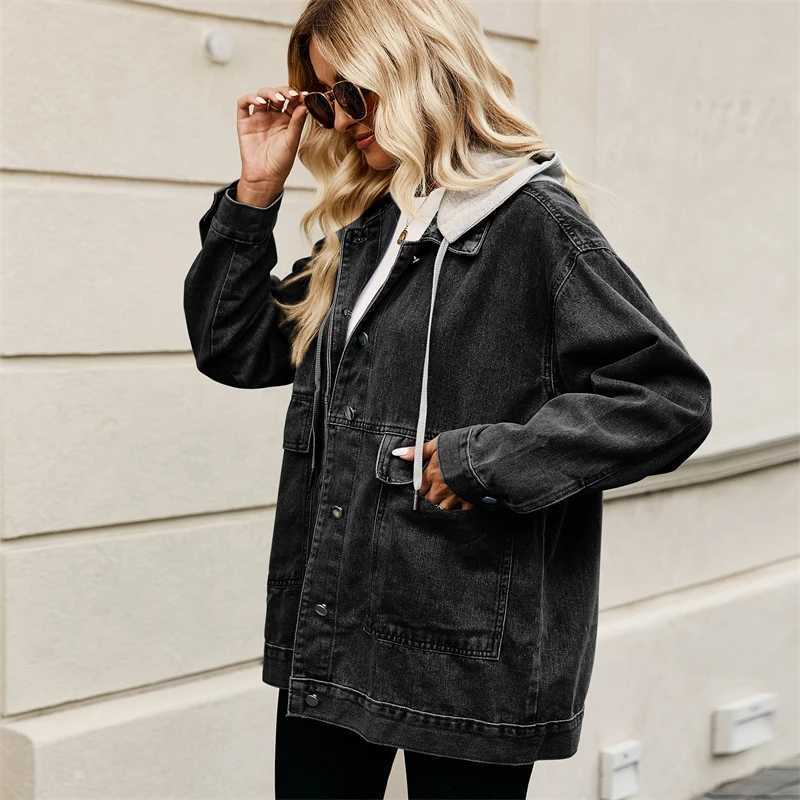 Fashion Spring Autumn 2024 Hooded Denim Jacket Women Short Vintage Jean Coats Casual Long Sleeve Top Female Streetwear OuterwearX240920