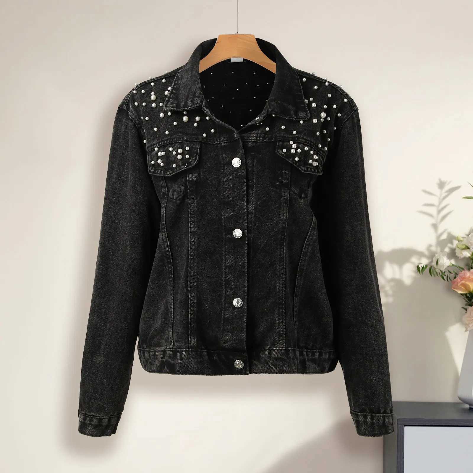Casual Single-breasted Solid Cardigan Autumn Fashion Womens Denim Jacket Full Sleeve Loose Button Pearls Short Lapel WildX240920