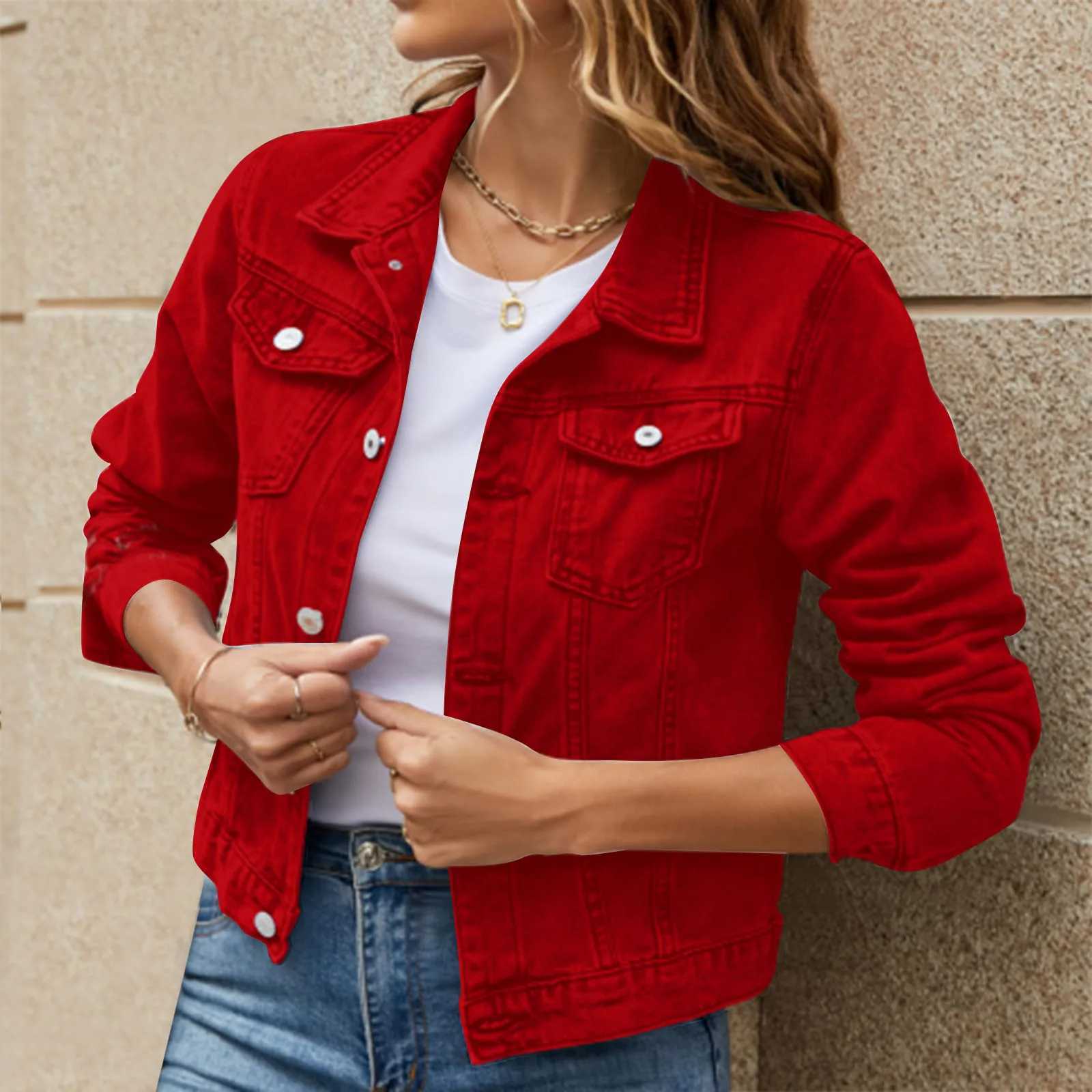 Denim Cropped Jacket Women Solid Color Long Sleeve Lapel Single Breasted Short Jeans Coat With Pocket y2k Retro Street OuterwearX240920