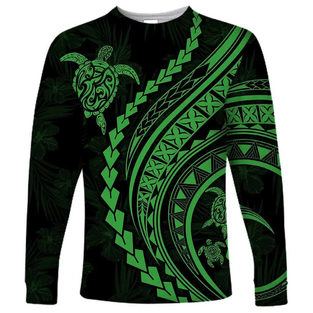 2024 new mens Polynesian long-sleeved T-shirt 3D printed turtle hibiscus luxury print mens autumn tops casual round neckX240919