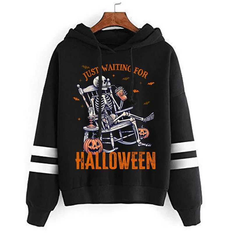 Hip Hop Skull Pumpkin Bat Print Hoodies Women Fashion Long Sleeve Streetwear Just Waiting for Halloween Fleece Casual Hooded Y240920