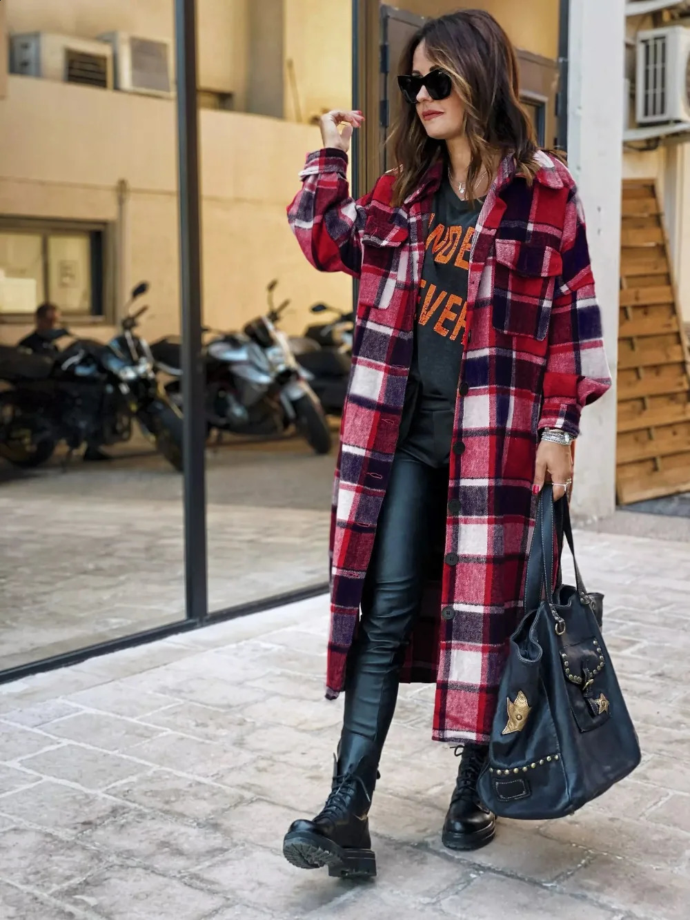 Autumn Plaid Shirt Woolen Womens Fashion Long Streetwear Women Clothing England Style Loose Coat Female Jacket 240912