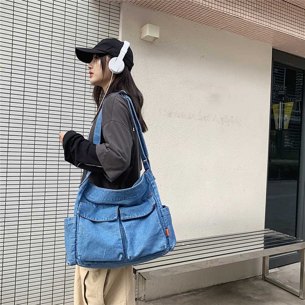 Denim Crossbody Bags for Women Japanese Style Unisex Casual Pocket Books School Bag Students Shoulder Large Jeans 240920